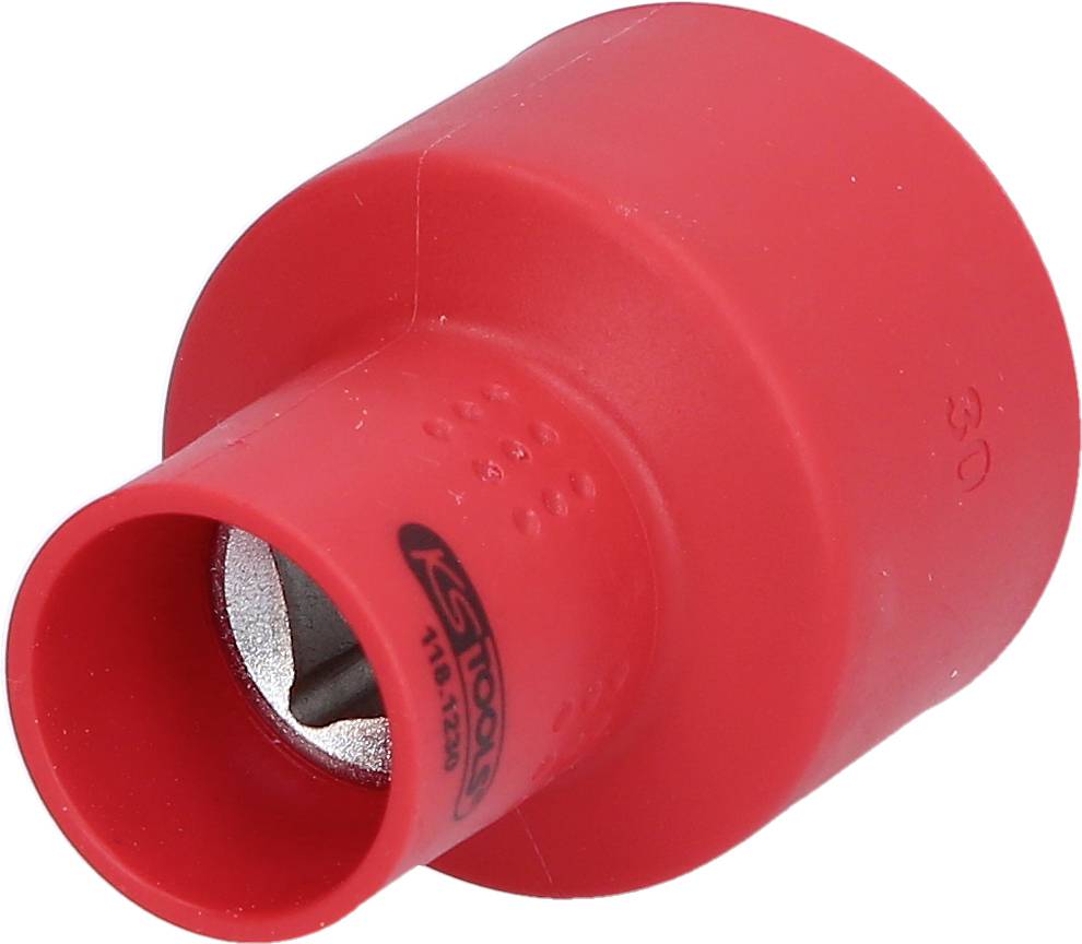 Ein roter Kunststoffadapter mit einem metallischen Innenteil, vermutlich ein Bit-Halter oder Steckschlüsseleinsatz.