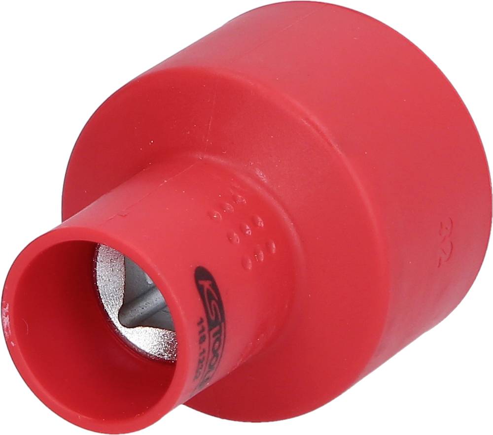 Roter Kunststoffaufsatz mit metallischem Innenkonus, verwendet zur Entgratungsanwendung.