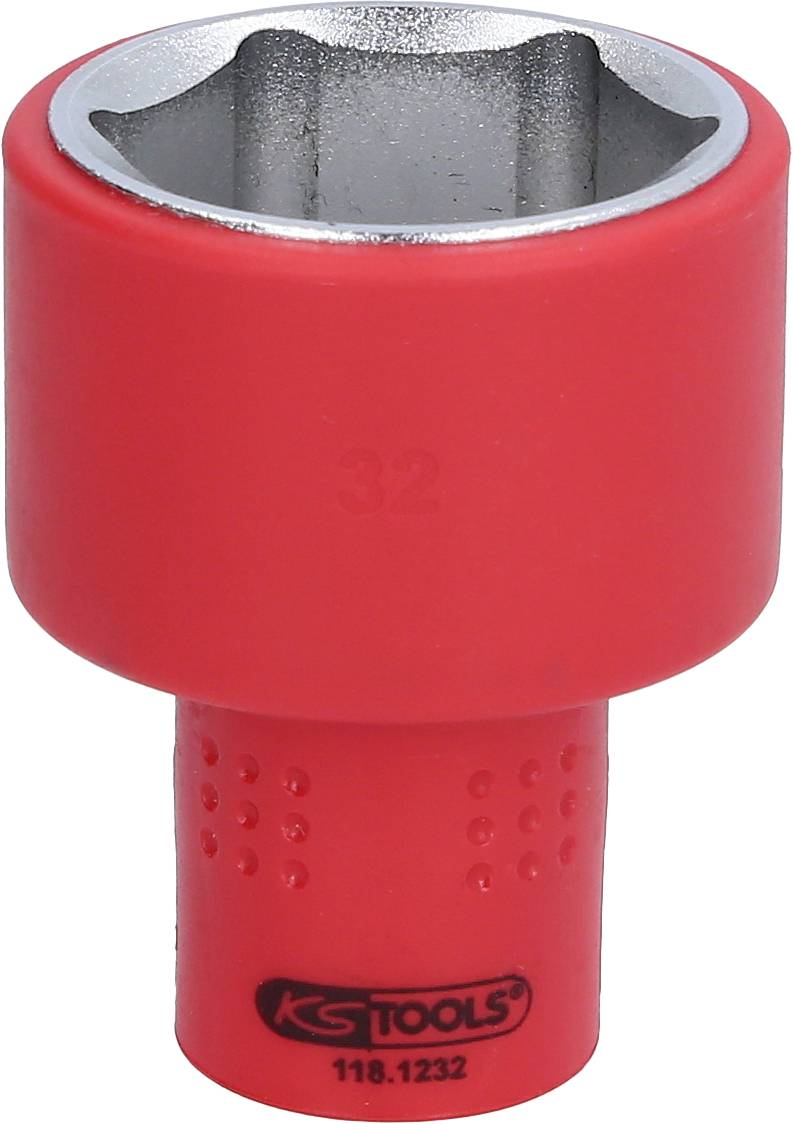 Roter, isolierter Steckschlüsseleinsatz mit Metallkappe, geeignet für Arbeiten mit elektrischen Gefahren, Größe '32'.