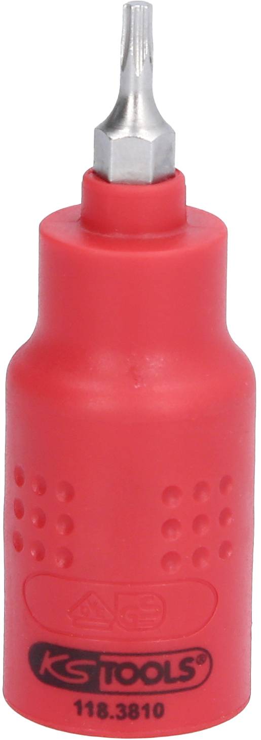 Roter Schraubendreher mit Sechskantklinge, Marke 'KS Tools', geeignet für präzises Arbeiten in Werkstätten oder Heimgebrauch.
