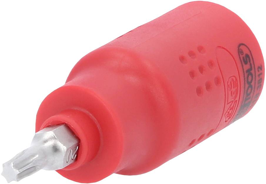 Roter Schraubendrehergriff mit silberner, sternförmiger Spitze, auf einer weißen Fläche liegend.