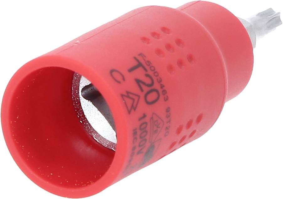 Roter kunststoffbeschichteter Bohrkopf, gekennzeichnet mit 'T20'.