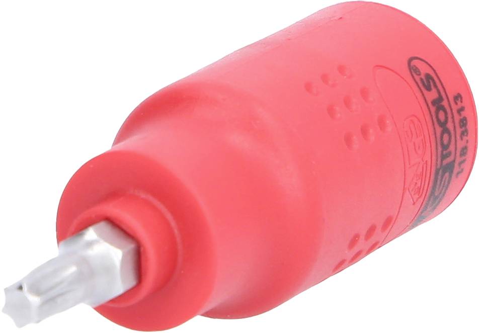 Roter Schraubendrehergriff mit integriertem Bit, geeignet für handwerkliche Arbeiten, kompaktes Design für einfache Handhabung.