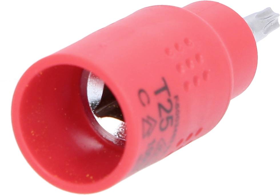 Ein rotes, sechskantiges Schraubendreher-Bit mit T25-Größenmarkierung, teilweise in einen Bit-Halter gesteckt, vor weißem Hintergrund.
