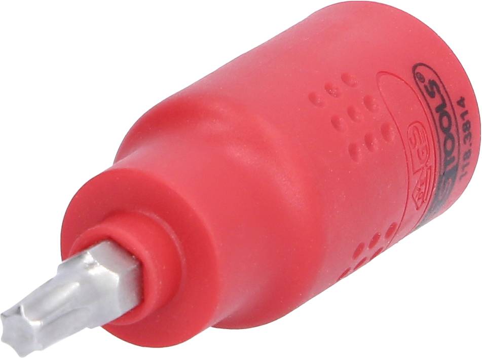 Roter Schraubendreher mit einem kurzen Griff und einem flachen Metallkopf, geeignet für präzise Handarbeiten.
