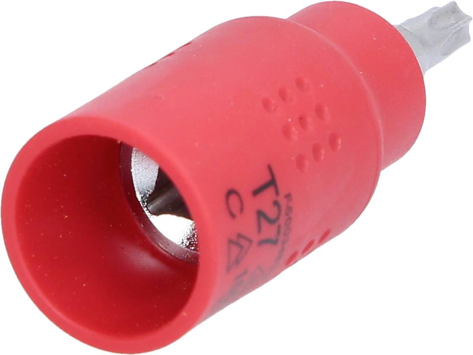 Roter Schraubendreheraufsatz mit geriffeltem Griff, teilweise metallisch sichtbar.