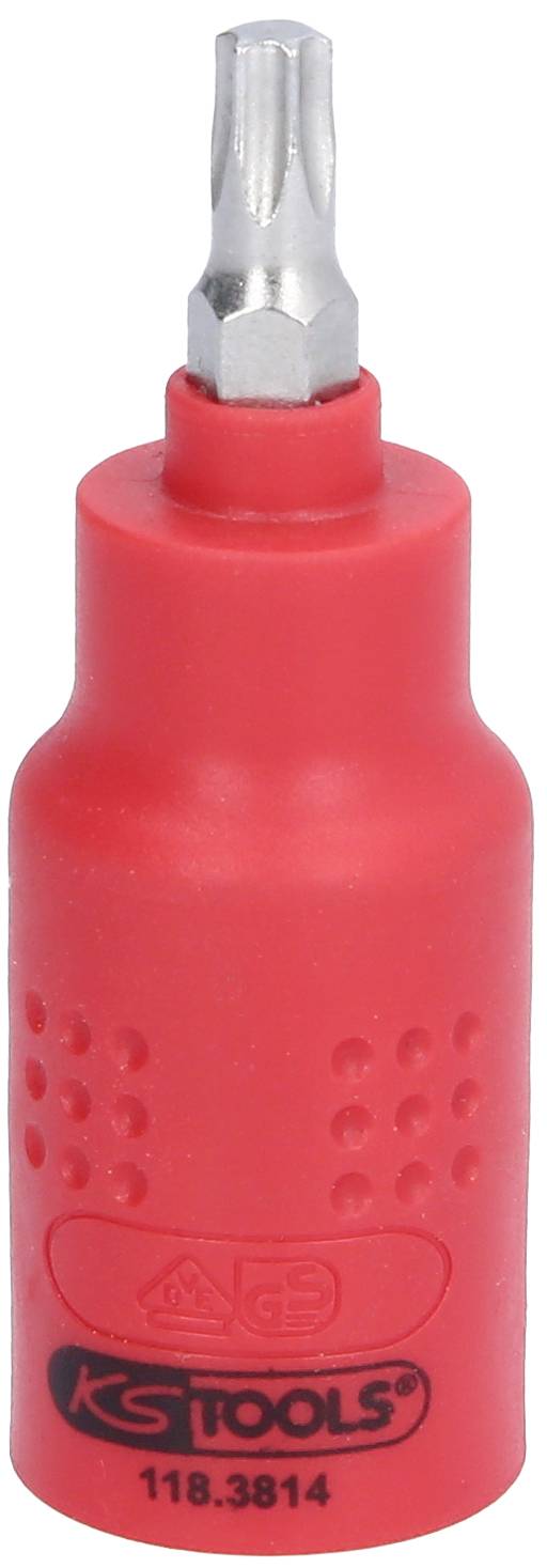 Ein roter Schraubendreheraufsatz mit geriffeltem Griff und silberner Spitze, markiert mit der Aufschrift 'KS TOOLS'.