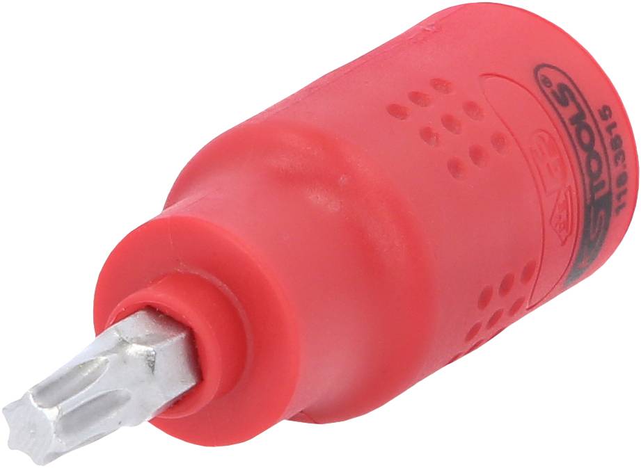 Ein roter Schraubendrehergriff mit einem silbernen Bit-Einsatz auf weißem Hintergrund.