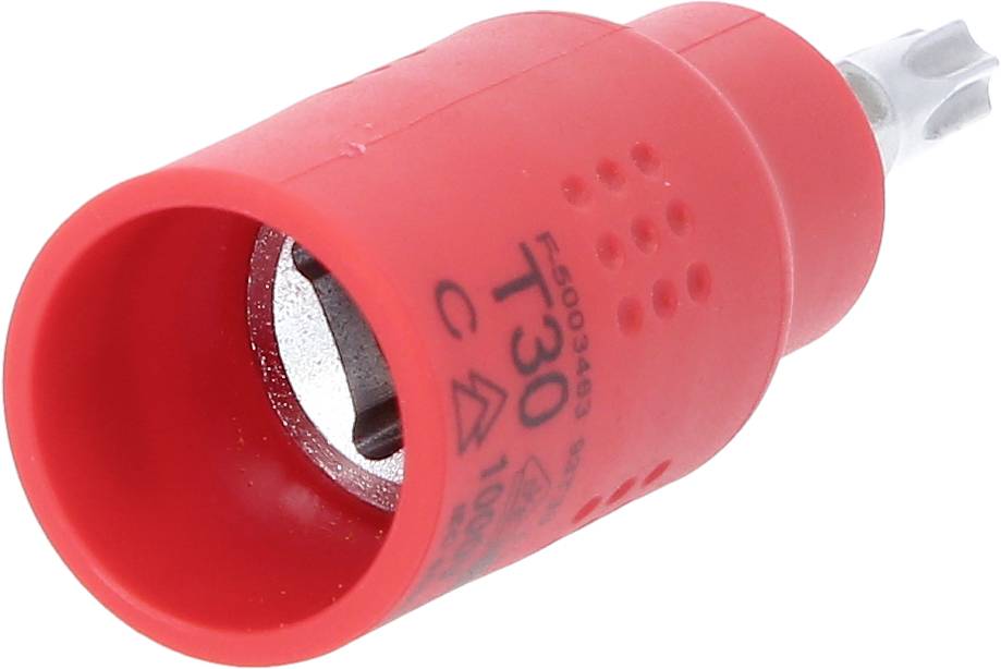 Roter Schraubendreheraufsatz mit Torx-Profil, Größe T30. Verwendet für Schrauben mit entsprechendem Kopf.
