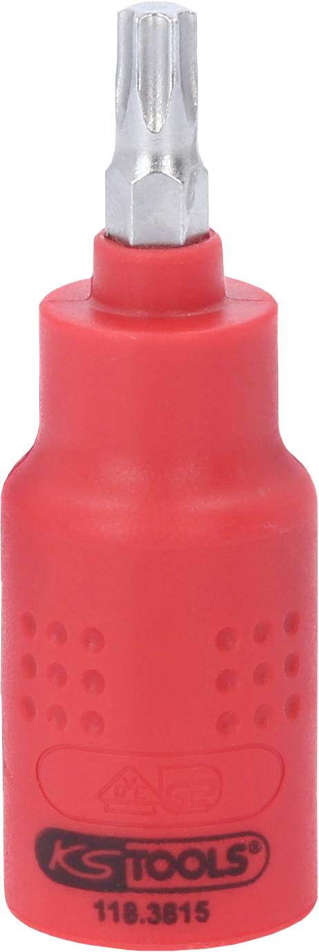 Ein roter Schraubendreheraufsatz mit einem silbernen Bit an einem Ende. Unterer Teil mit Griffstruktur und schwarzem Markenaufdruck.