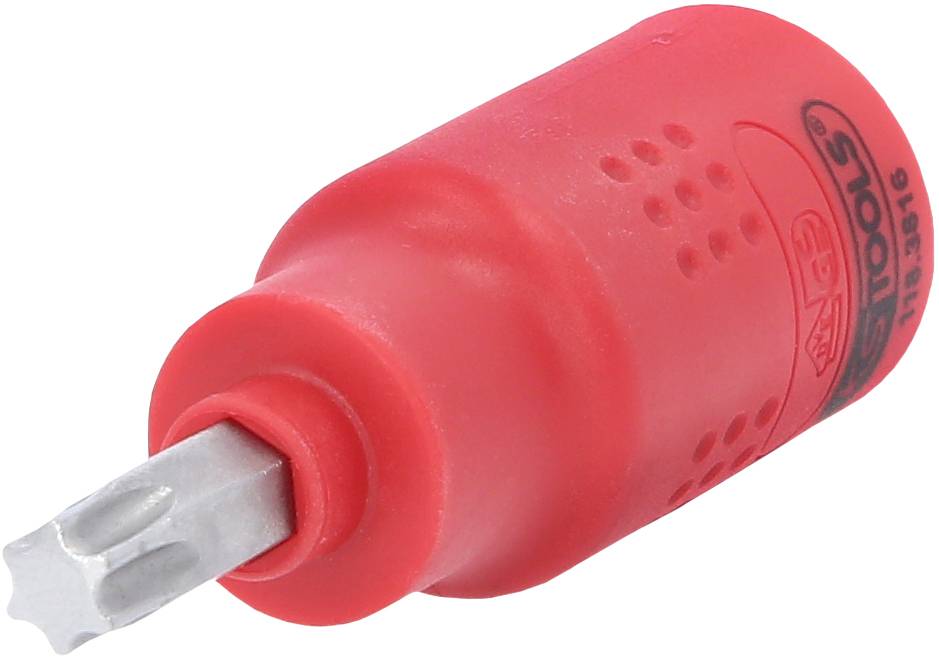 Roter Schraubendreheraufsatz in zylinderförmigem Griff mit Torx-Bit. Geeignet für handwerkliche Tätigkeiten.