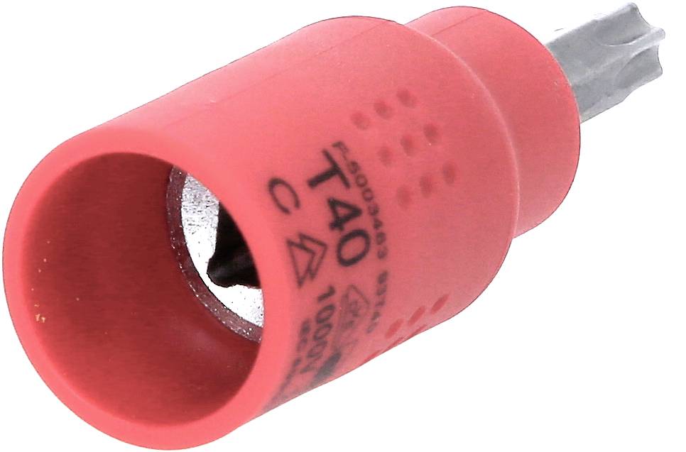 Roter Torx-Bit T40, geeignet für den Einsatz mit Schrauben. Das Bit hat eine sechszackige Sternform zur Befestigung.
