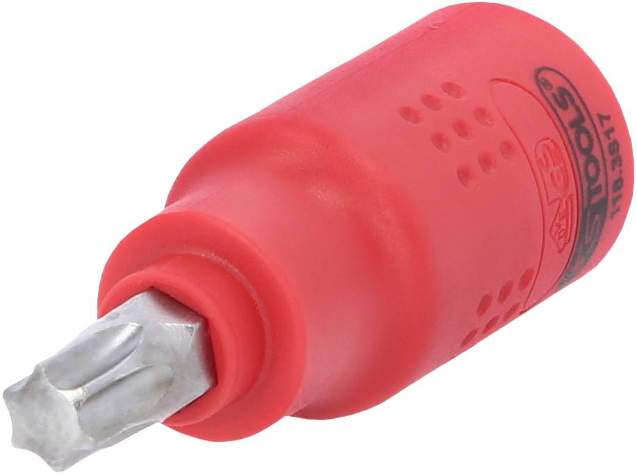 Roter Schraubendrehergriff mit eingesetztem Bit, ergonomisch gestaltet für einfachen Halt.