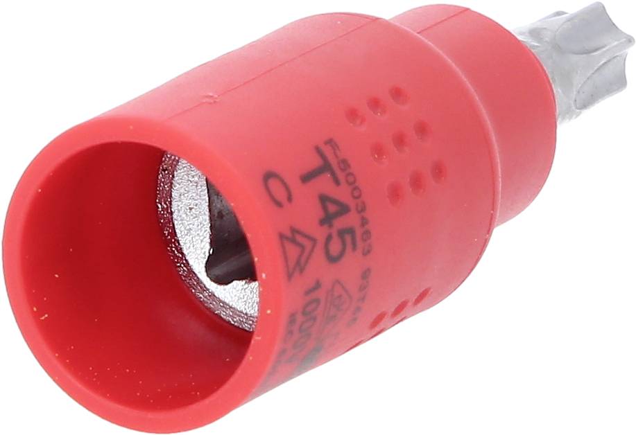 Roter Schraubendreher-Aufsatz mit T45 Torx-Bit-Spitze für Schraubenmontage. Kunststoffgehäuse für sicheren Griff.