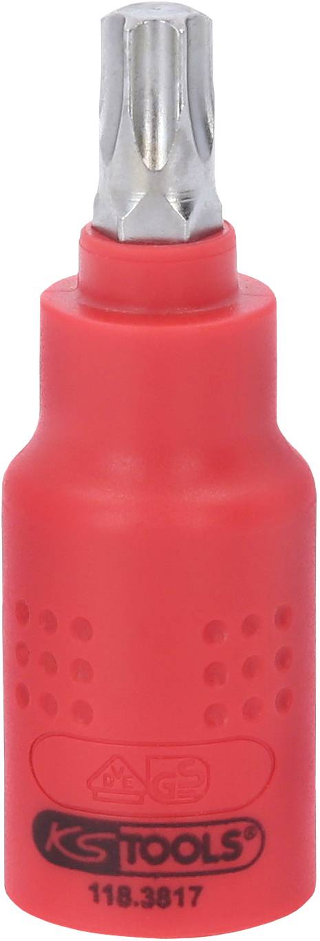 Roter Stecknuss-Schraubendreheraufsatz mit silberner Spitze, Markenname und Produktnummer unten aufgedruckt.