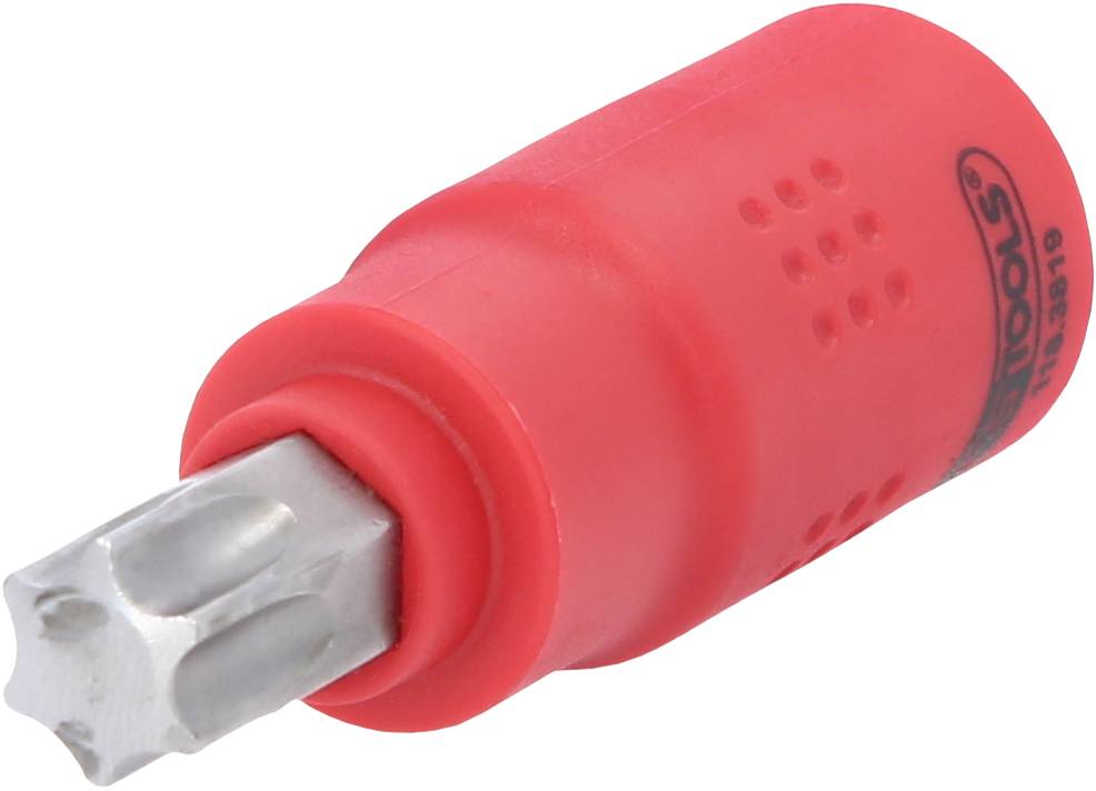 Ein roter Schraubendreheraufsatz mit sechskantigem Ende, geeignet für spezielle Schraubentypen, liegt auf einer weißen Fläche.