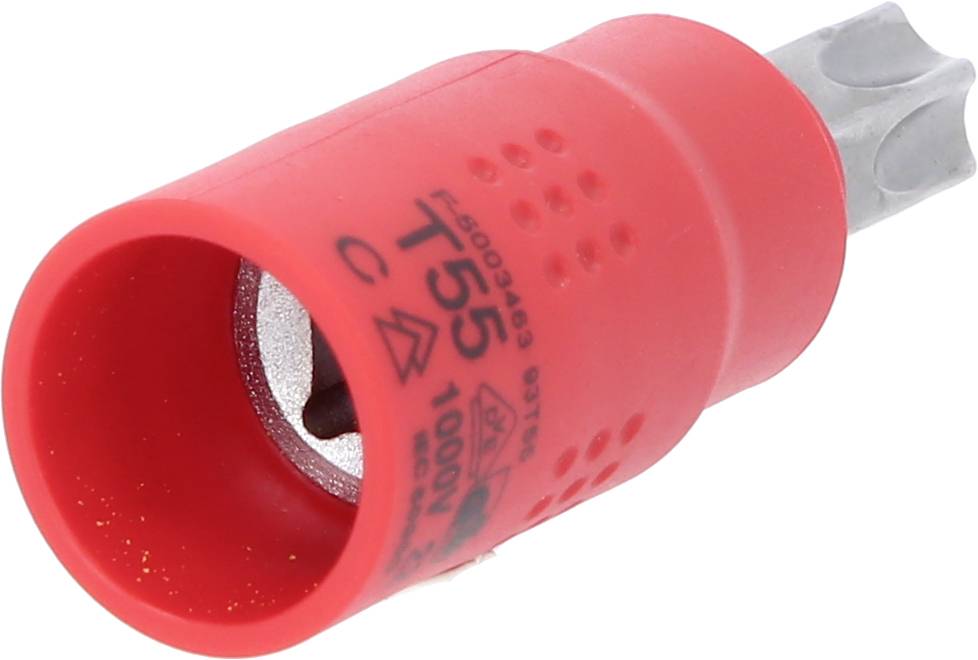 Ein roter Schraubendrehereinsatz mit Torx-Kopf, Größe T55. Geeignet zum Anziehen oder Lösen von Schrauben mit Torx-Muster.