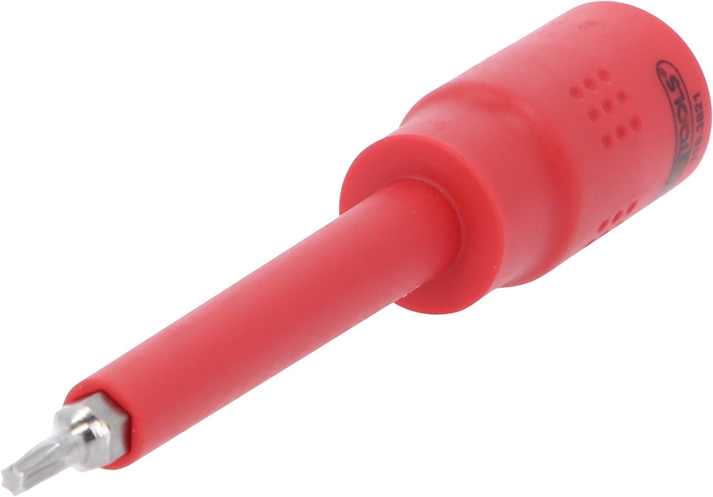 Ein roter Spannungsprüfer mit Metallspitze, geeignet zur Überprüfung elektrischer Leitungen.