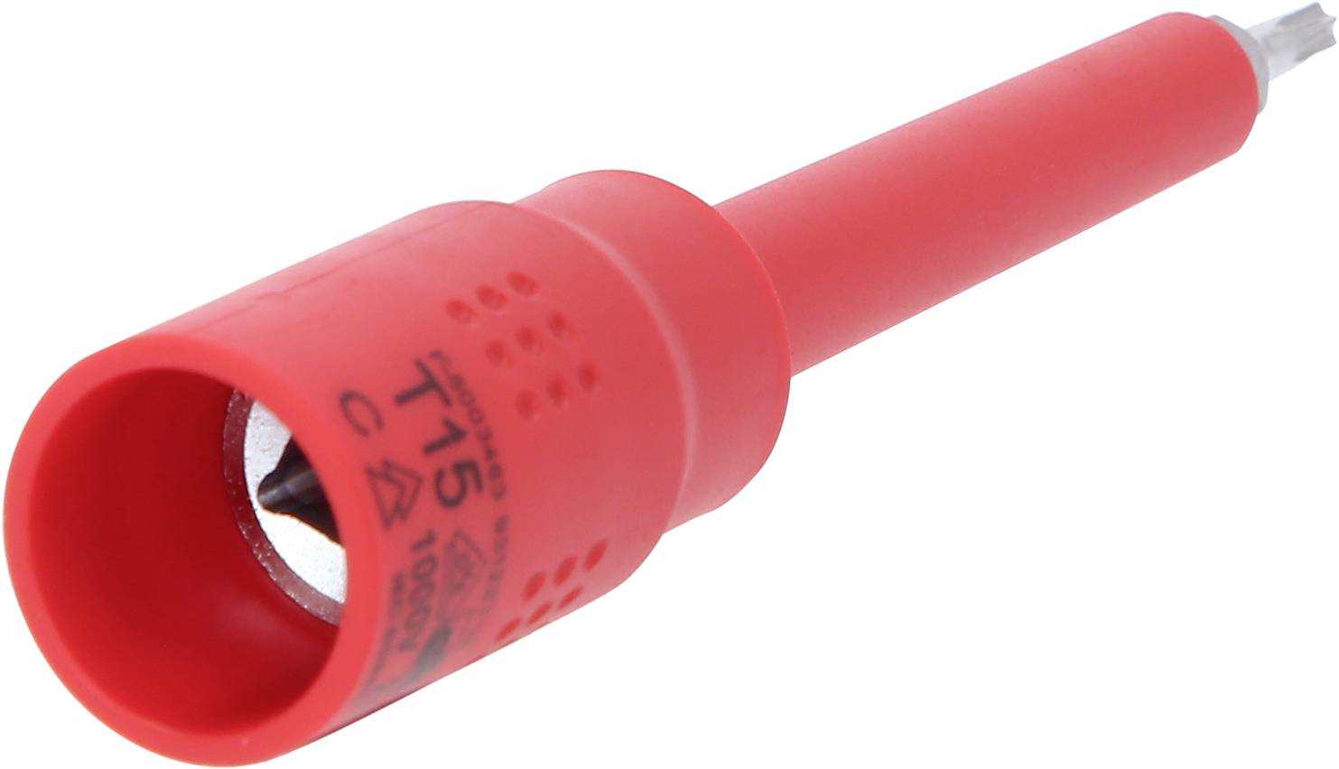 Roter Tastkopf mit Metallspitze, verwendet für elektrische Messungen oder Tests.