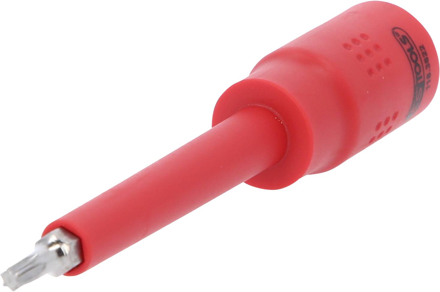 Ein roter Phasenprüfer mit ergonomischem Griff und Metallspitze, zum Testen elektrischer Spannungen, liegt schräg auf einer weißen Fläche.
