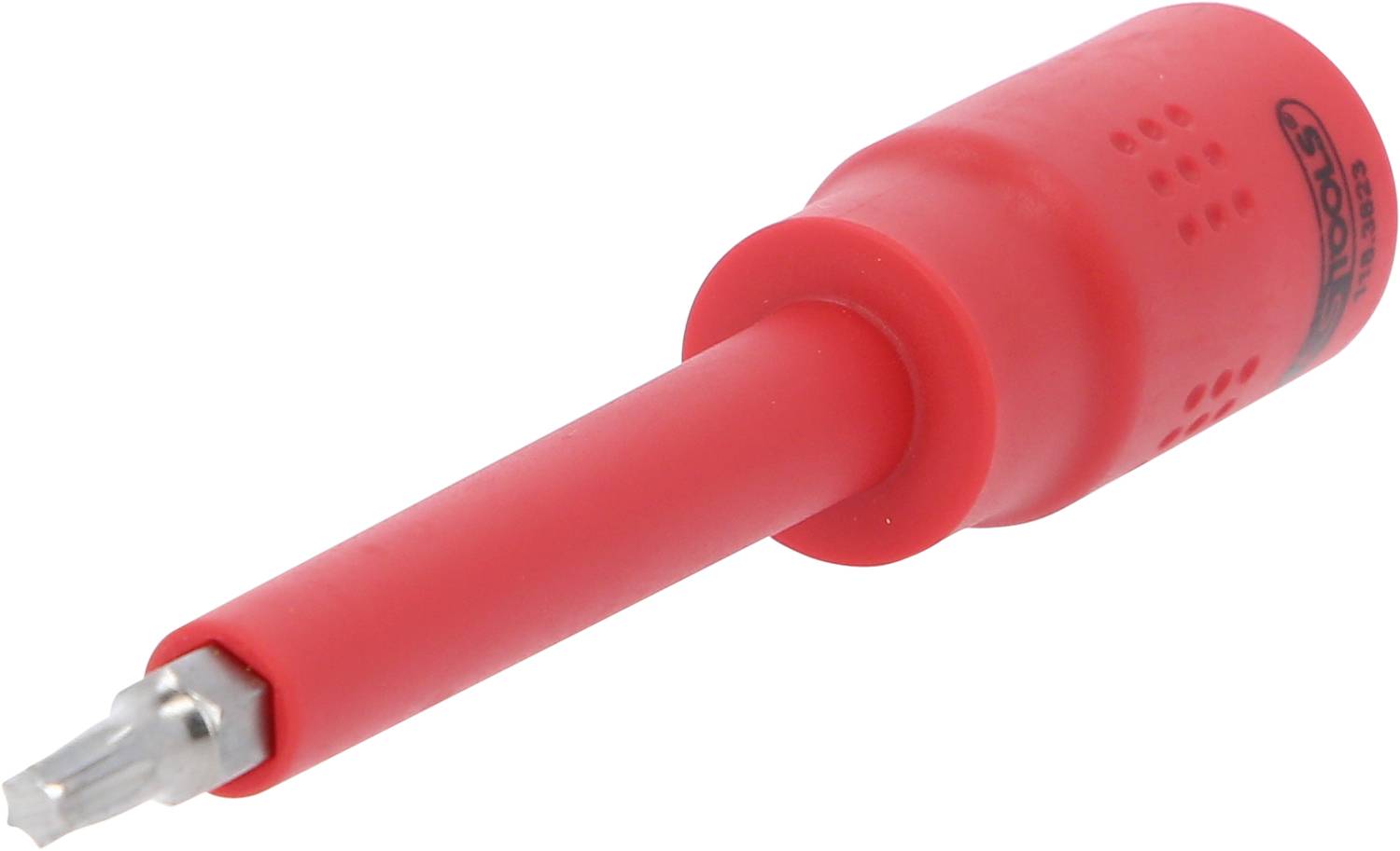 Roter Schraubendreheraufsatz mit silberner Spitze, geeignet für Torx-Schrauben.
