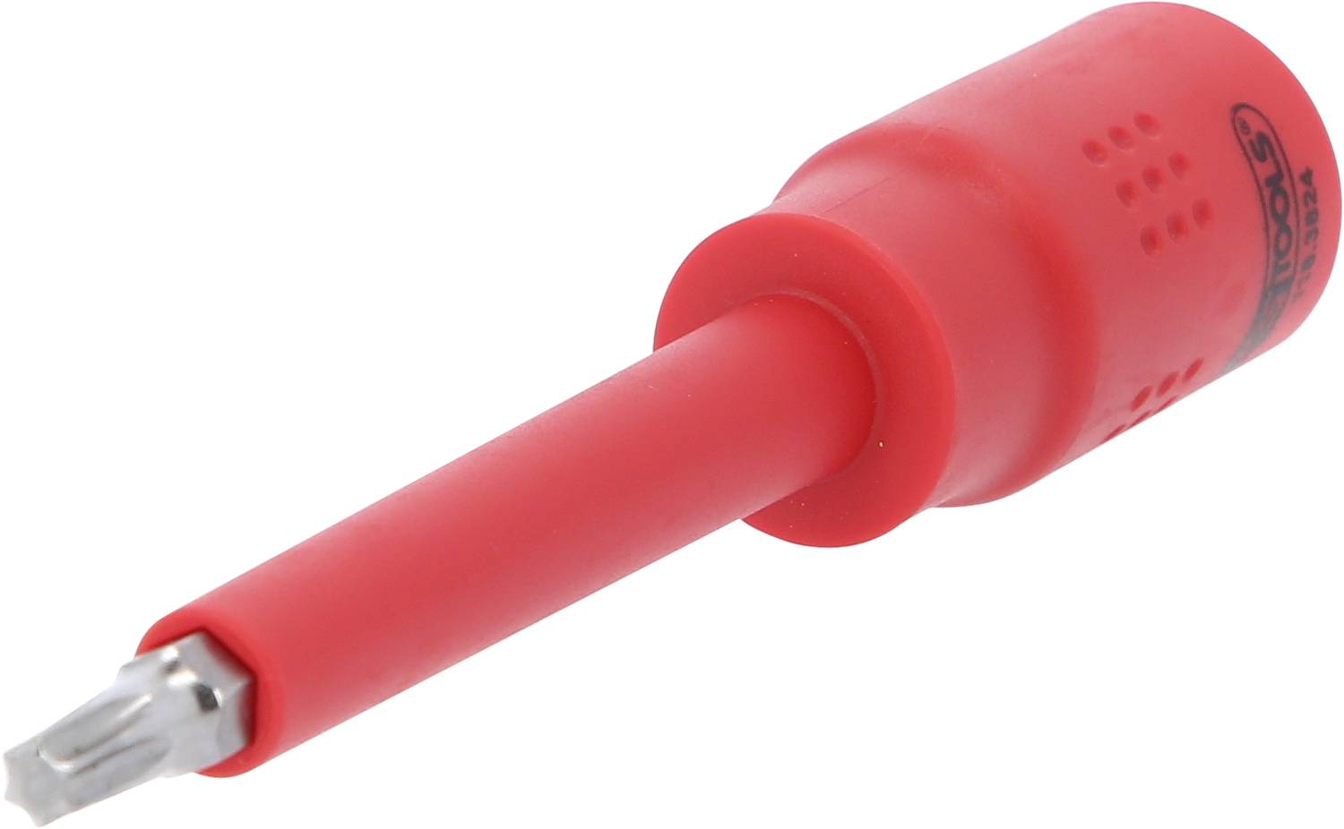 Ein roter Schraubendreher mit ergonomischem Griff und einem Kreuzschlitzkopf, in einem Winkel fotografiert, auf weißem Hintergrund.