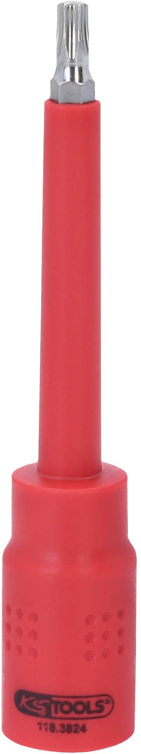 Ein roter Zündkerzenstecker mit geriffeltem Griff und metallischem Inneren, geeignet für Werkzeuge oder Fahrzeuge.