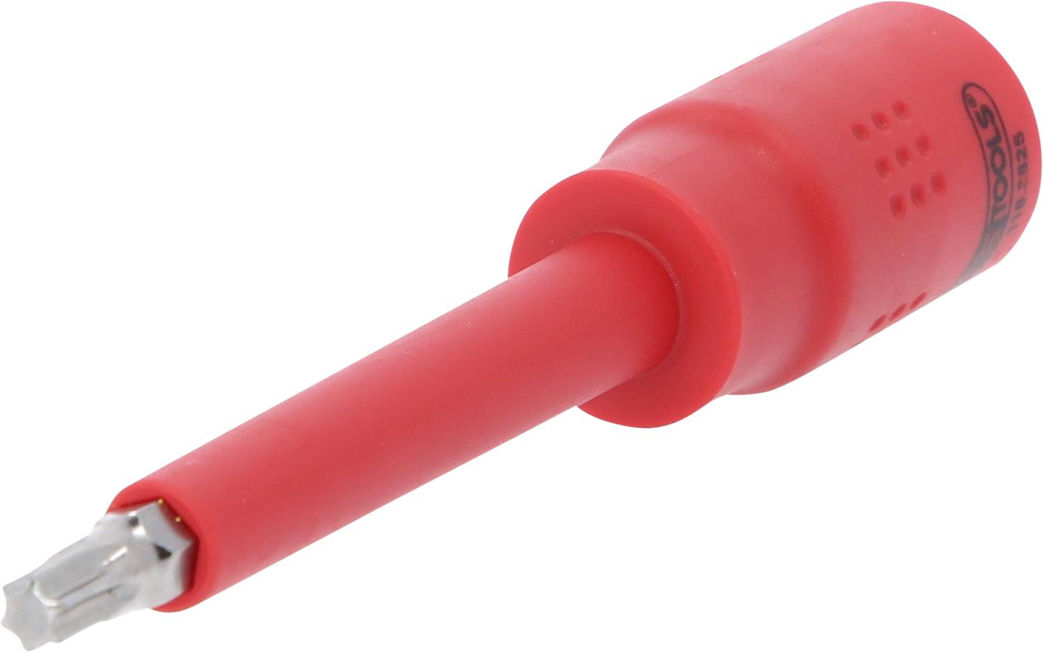Ein roter Schraubendreher mit Isolierung und einem Sechskant-Bit am Ende. Geeignet für Elektroarbeiten, da isoliert.