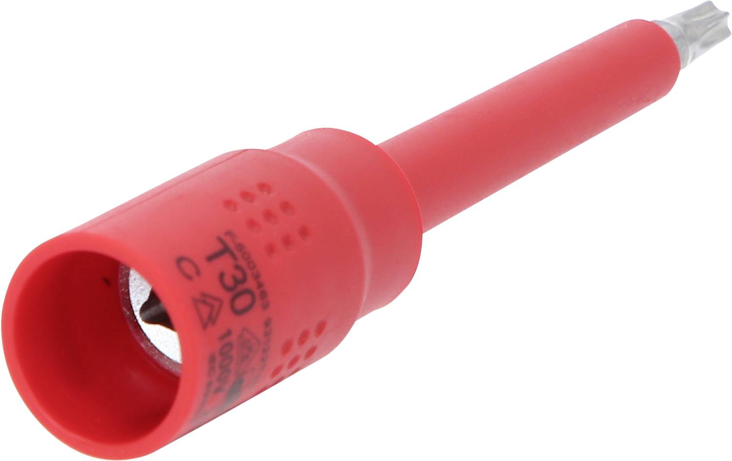 Ein roter Spannungsprüfer mit isolierter Spitze, geeignet zum Testen elektrischer Spannungen, mit Prüfmarkierungen auf dem Griff.