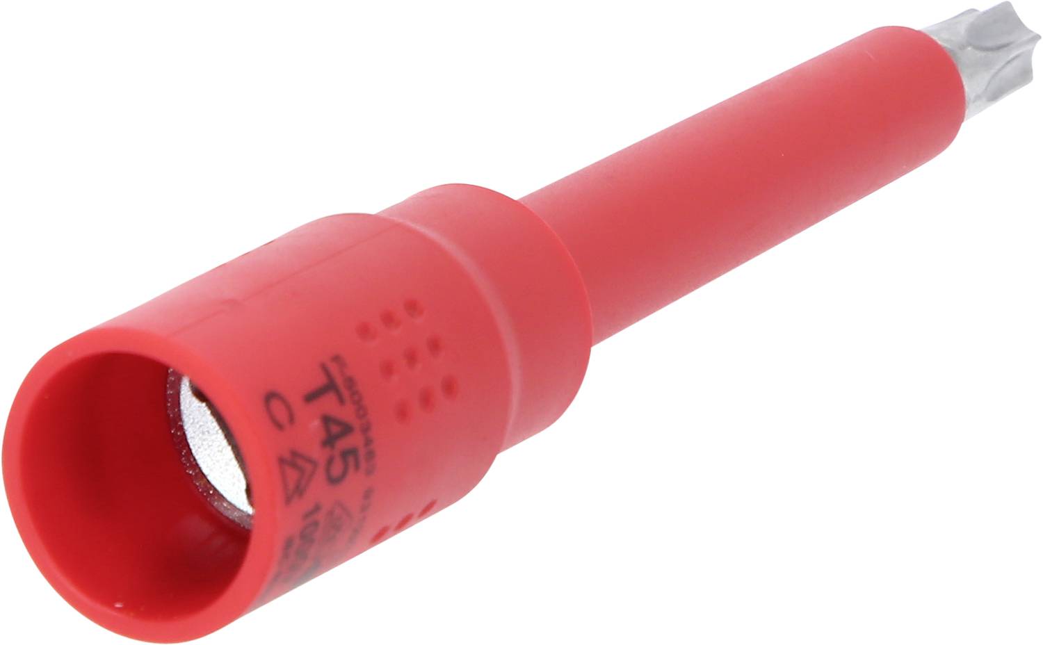 Ein roter Schraubendreheraufsatz mit einem Sechskantkopf, markiert mit 'T45'. Geeignet für spezielle Schraubverbindungen.