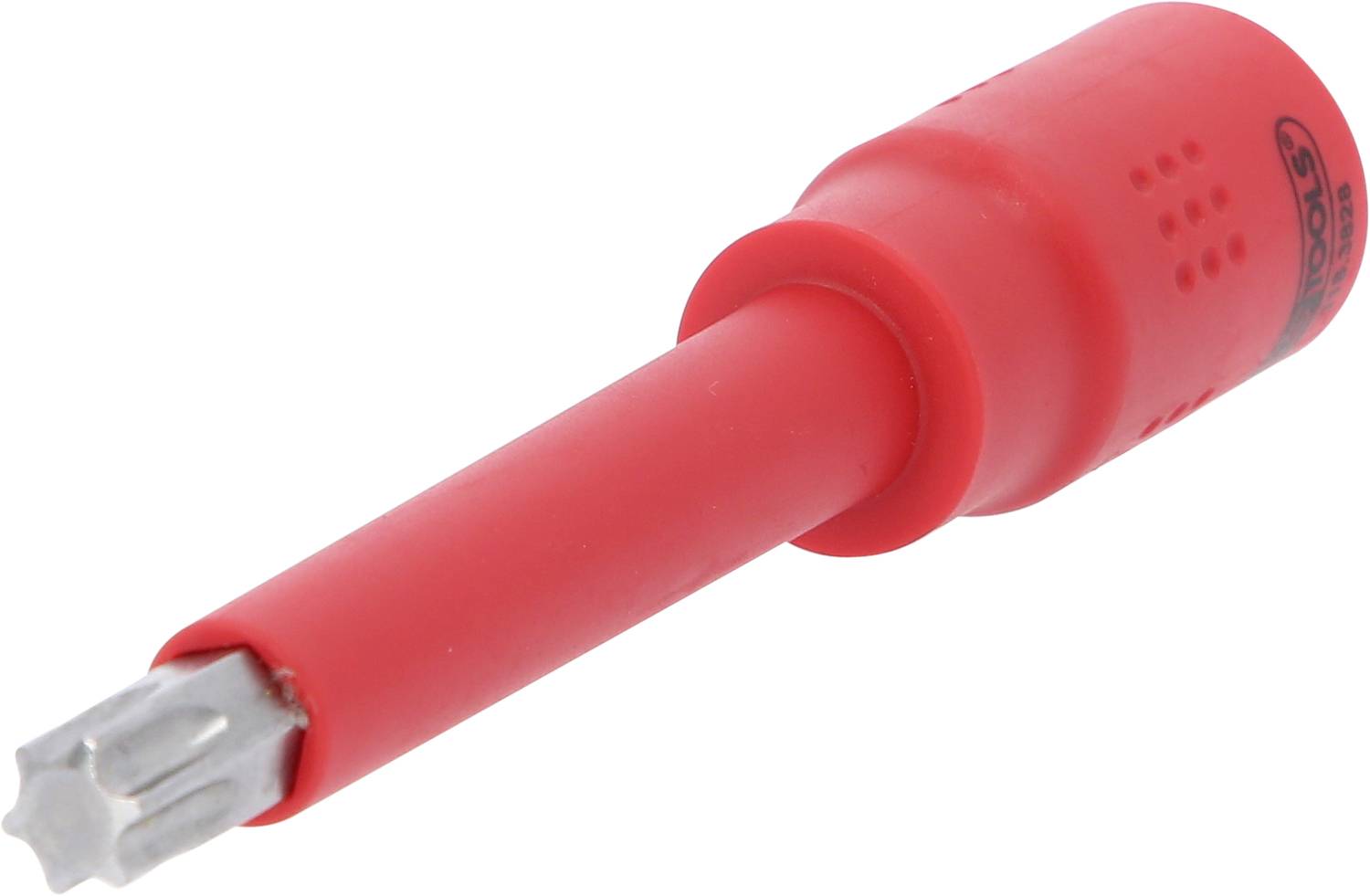 Roter Schraubendrehergriff mit einem sternförmigen Aufsatz, geeignet für spezielle Schraubenköpfe.