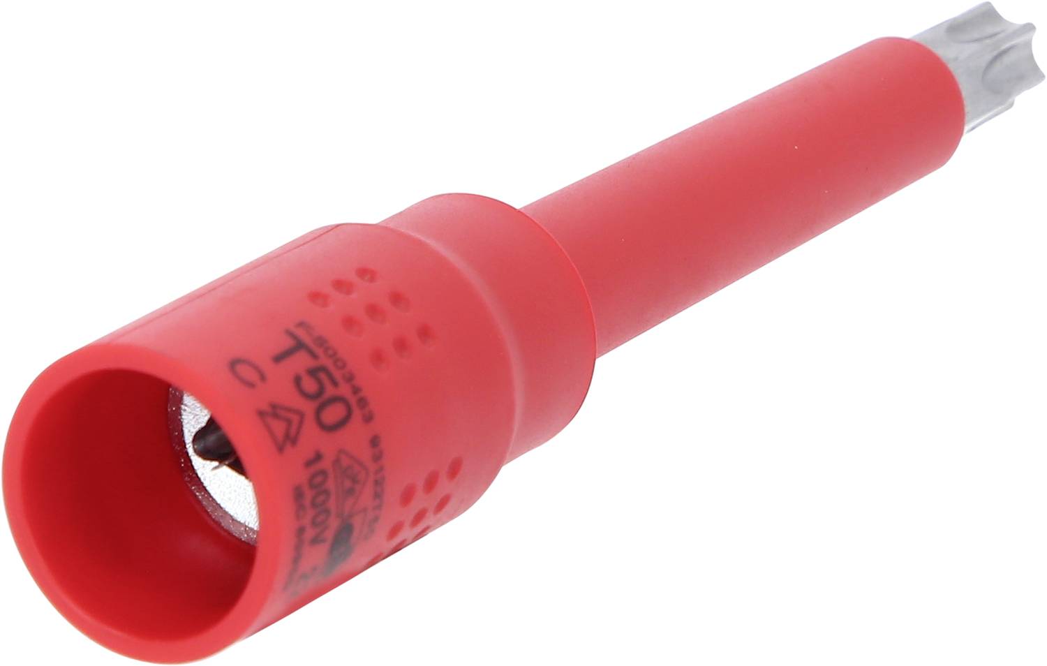 Ein roter isolierter Schraubendreher mit einem Torx-T50-Kopf, geeignet für Hochspannungsanwendungen bis 1000V, auf weißem Hintergrund.