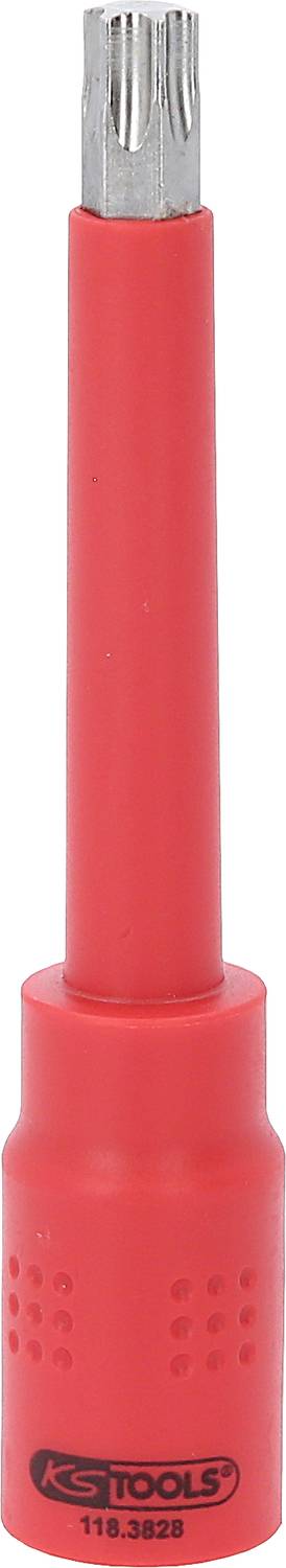 Ein rotes Zündkerzen-Steckschlüssel-Werkzeug mit ergonomischem Griff und metallischem Aufsatz von KS Tools.