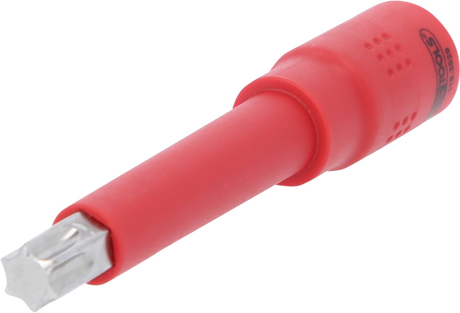 Ein roter Schraubendreheraufsatz mit Sechskantmuster am Kopf, geeignet für Torx-Schrauben.