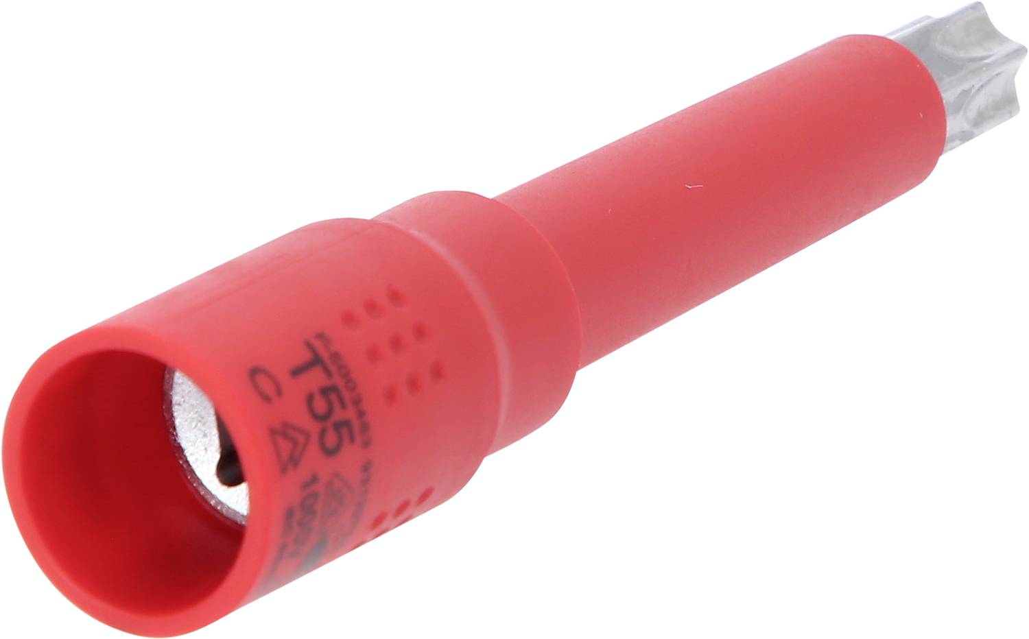 Ein roter Torx-Bit T55 mit einem runden Griff. Der Bit ist für bestimmte Befestigungen geeignet und gehört zum Werkzeugzubehör.