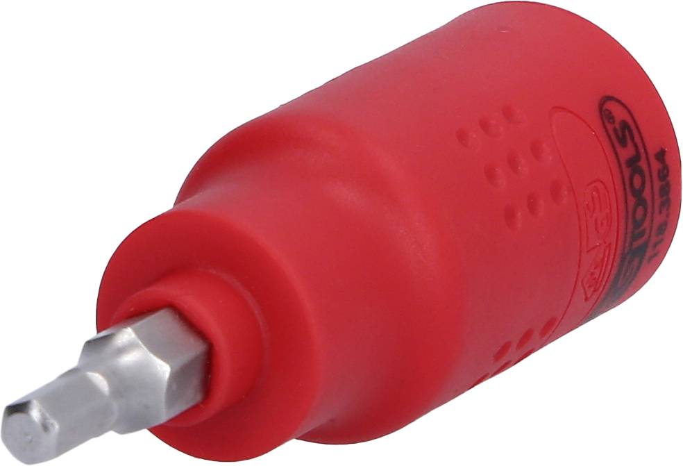 Roter Griff eines Werkzeugs mit Sechskant-Bit vorne. Werkzeug für manuelle Reparaturen.