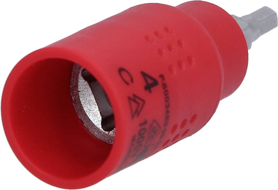 Roter Schraubendreheraufsatz mit Metallkopf, geeignet für spezifische Schraubverbindungen, auf weißem Hintergrund.