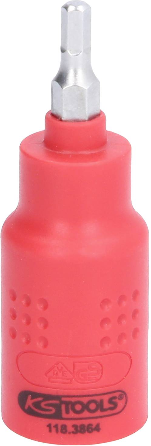 Roter Isolierter Bitadapter mit sechskantiger Spitze, Anti-Rutsch-Griff und 'KS TOOLS' Logo an der Unterseite.