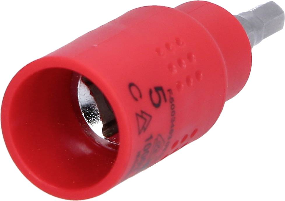 Roter Schraubaufsatz mit Sechskant-Bit, geeignet für die Installation von Steckverbindern oder Muttern. Größe: 5 mm.