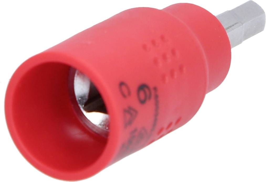 Roter Steckschlüsselaufsatz mit Metallspitze, zur Verwendung mit Schraubendrehern.