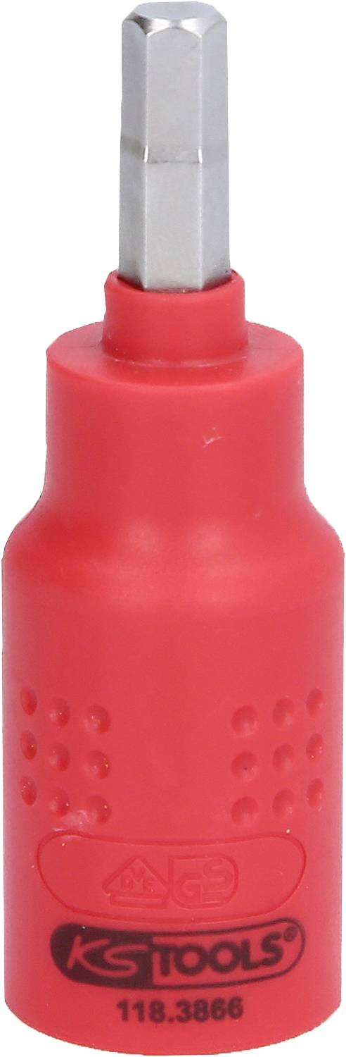 Ein roter Sechskant-Schraubendreher-Aufsatz von KS Tools, Modellnummer 118.3866, mit geriffeltem Griff zur besseren Handhabung.