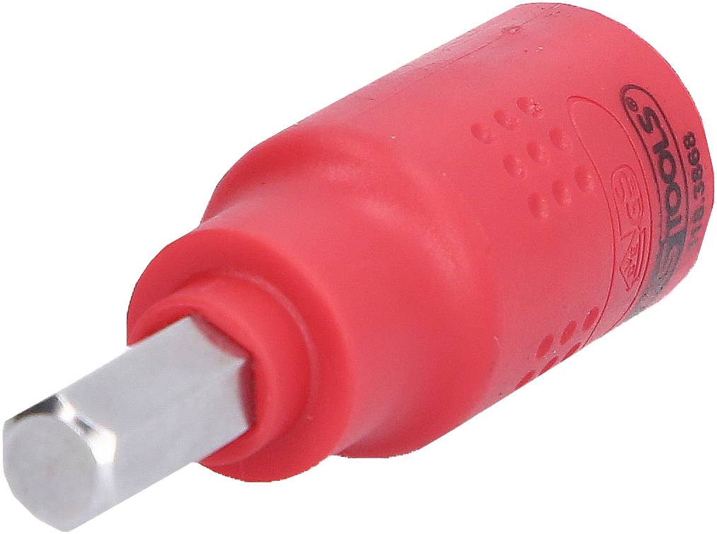 Roter Schraubendrehergriff mit einem silbernen Sechskantansatz.