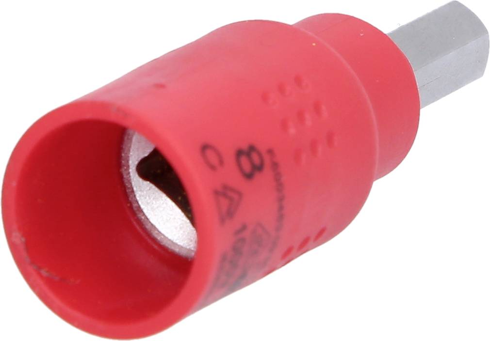 Roter, zylindrischer Schraubenschlüssel mit Sechskantschlüsselaufnahme, verwendet zum Greifen und Drehen von Schrauben oder Muttern.