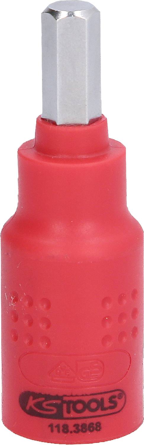Ein roter Schraubendreheraufsatz mit sechseckigem Kopf und rutschfester Oberfläche. Unten steht 'KG TOOLS' und eine Seriennummer.