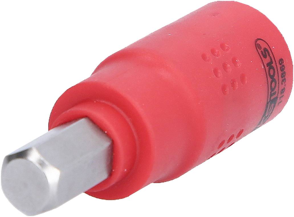 Ein roter Sechskant-Bithalter mit Metallspitze, geeignet für den Einsatz in Hand- und Elektrowerkzeugen.