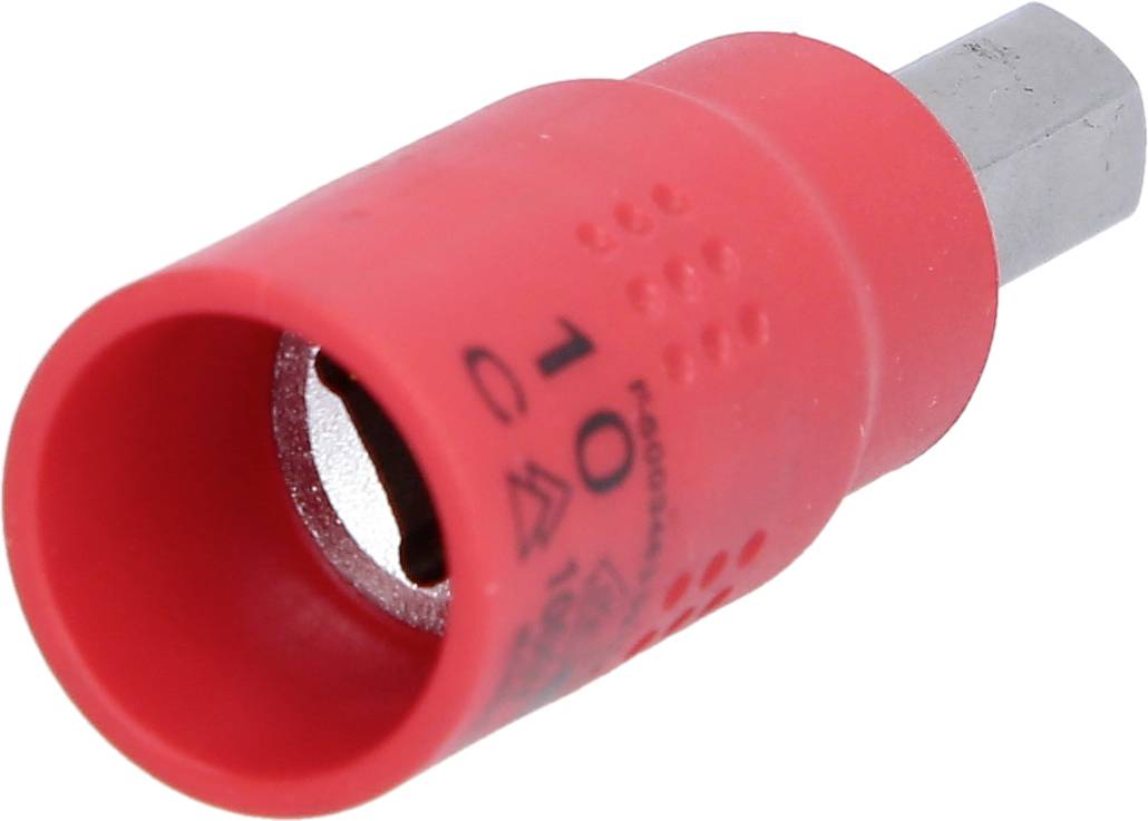 Roter Steckschlüsseleinsatz mit sechskantiger Metallspitze, mit der Aufschrift '10'. Verwendet für Schraubverbindungen.