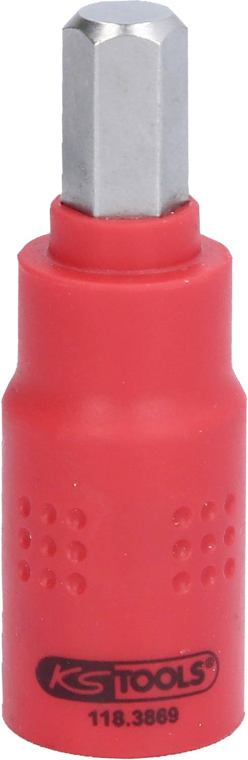 Roter Schraubendreher-Bit mit sechseckigem Metallkopf und Aufschrift 'KS Tools 118.3869'.