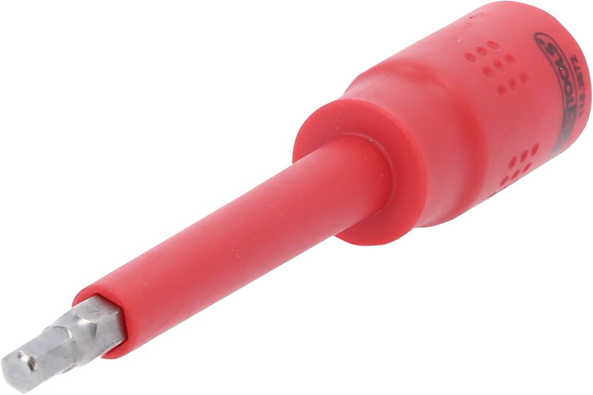 Ein rotes, isoliertes Prüfspitzenzubehör mit metallischem, rechteckigem Steckkontakt, geeignet für elektrische Tests und Messungen.