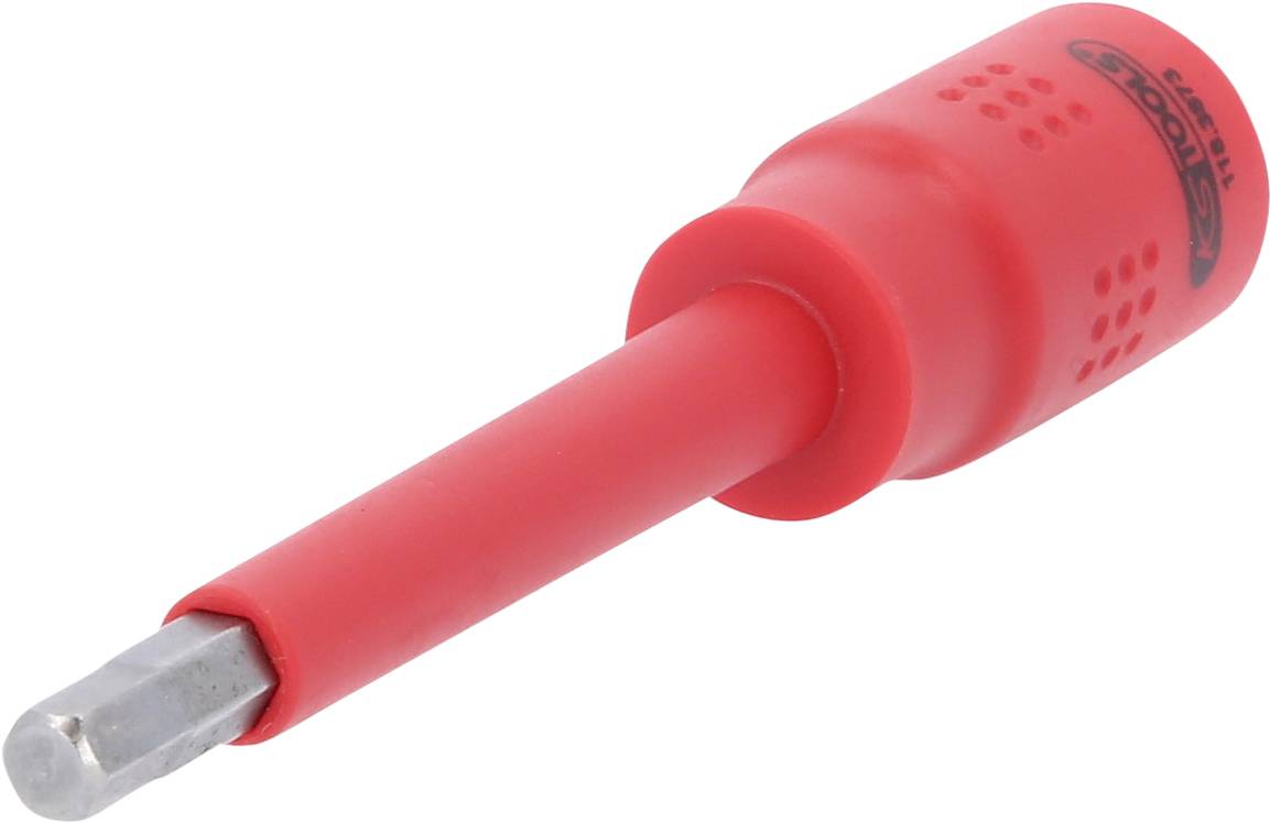 Ein roter Schraubendreher mit isoliertem Griff für elektrische Arbeiten, zeigt den robusten Metallkopf für vielseitige Anwendungen.