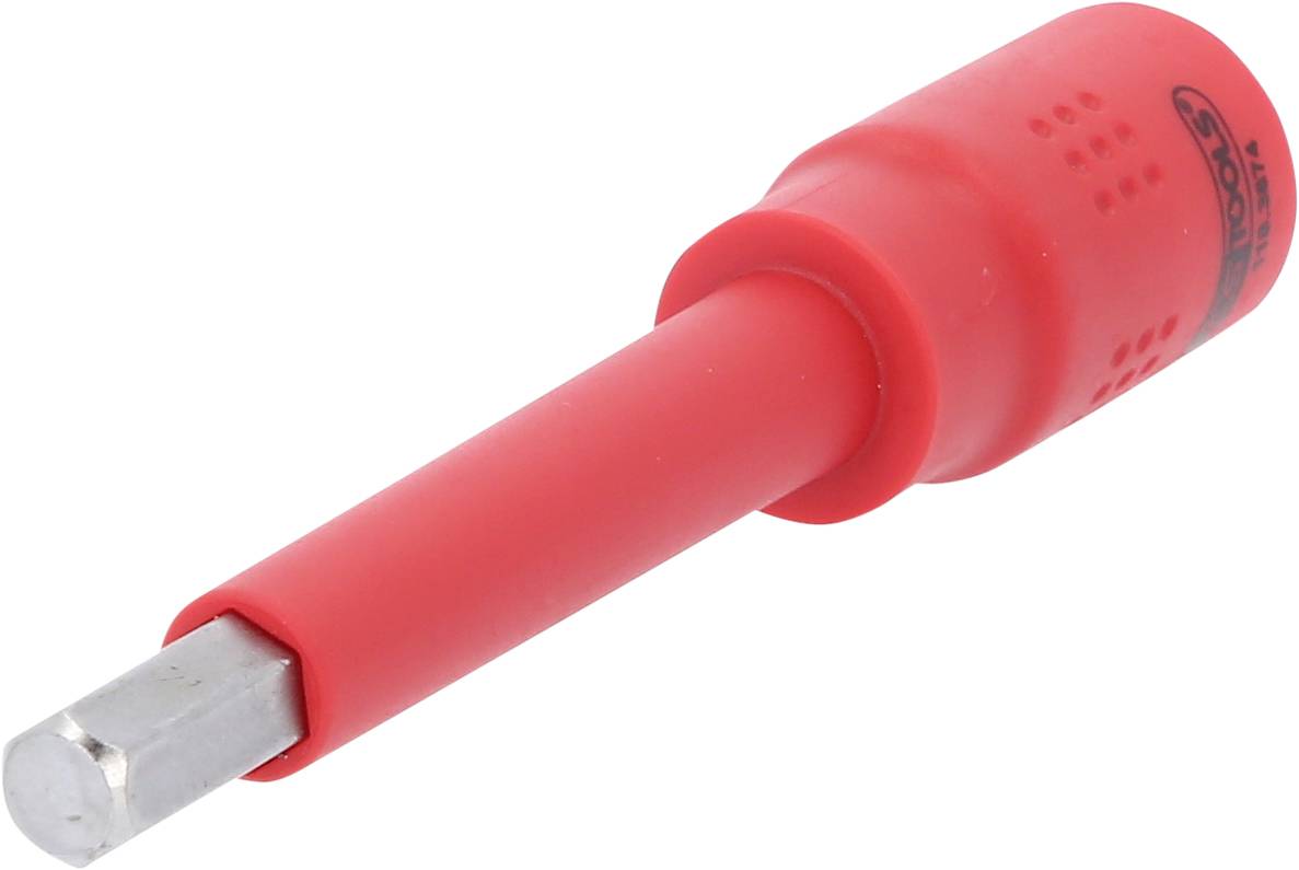 Ein roter isolierter Steckschlüsseleinsatz mit sechskantiger Metallspitze, verwendet für sichere Arbeiten an elektrischen Geräten.